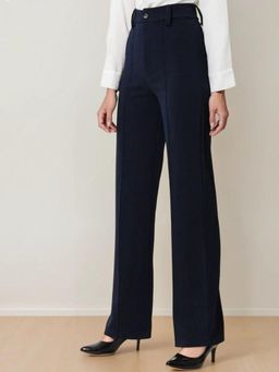 KOTTY - Women's Navy Blue Solid High Waist Trouser