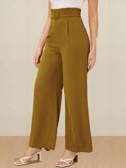 KOTTY - Women's Brown Solid High Waist Trouser with Belt