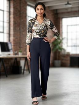 KOTTY - Women's Navy Blue Solid High Waist Trouser