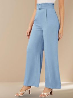 KOTTY - Women's Blue Solid High Waist Trouser with Belt