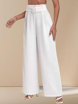 KOTTY - Women's White Solid High Waist Trouser with Belt