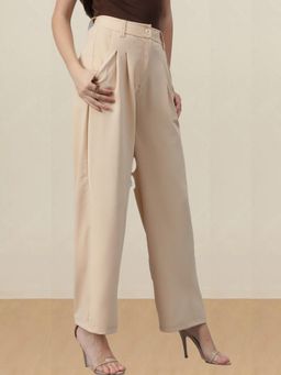 KOTTY - Women's Beige Solid High Waist Trouser