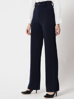 KOTTY - Women's Navy Blue Solid High Waist Trouser