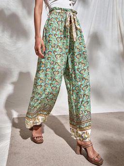 KOTTY - Women's Green Printed High Waist Trouser with Belt