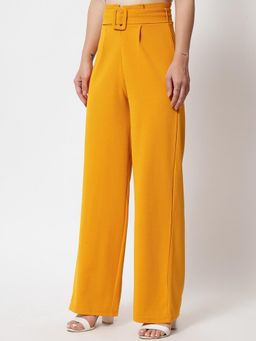 KOTTY - Women's Yellow Solid High Waist Trouser with Belt