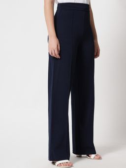 KOTTY - Women's Navy Blue Solid High Waist Trouser