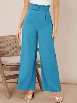 KOTTY - Women's Blue Solid High Waist Trouser with Belt