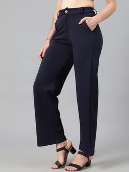 KOTTY - Women's Navy Blue Solid High Waist Trouser