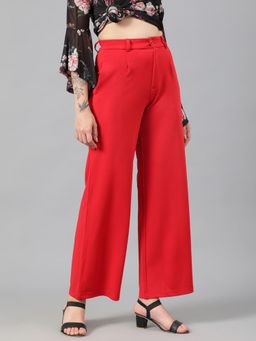 KOTTY - Women's Red Solid High Waist Trouser