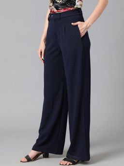 KOTTY - Women's Navy Blue Solid High Waist Trouser