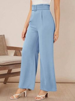 KOTTY - Women's Blue Solid High Waist Trouser with Belt