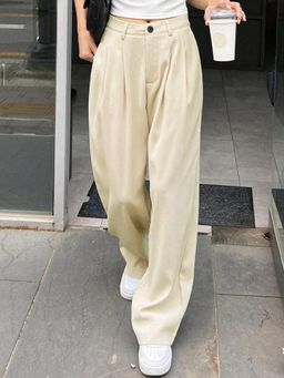 KOTTY - Women's Beige Solid High Waist Trouser