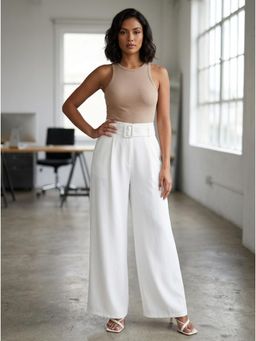 KOTTY - Women's White Solid High Waist Trouser with Belt