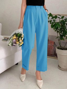 KOTTY - Women's Blue Solid High Waist Trouser