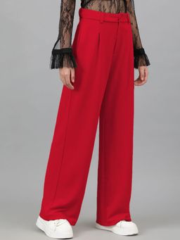 KOTTY - Women's Red Solid High Waist Trouser