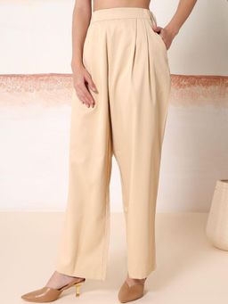KOTTY - Women's Beige Solid High Waist Trouser
