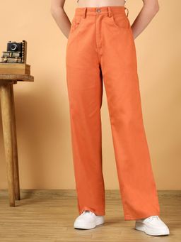 KOTTY - Women's Orange Solid Mid Waist Trouser