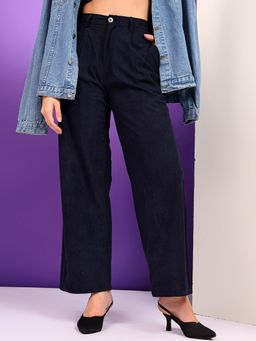 KOTTY - Women's Navy Blue Solid High Waist Trouser