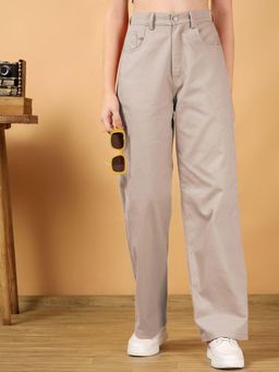 KOTTY - Women's Beige Solid Mid Waist Trouser