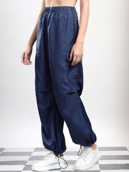KOTTY - Women's Navy Blue Solid High Waist Cargo