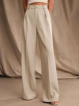 KOTTY - Women's Beige Solid High Waist Trouser