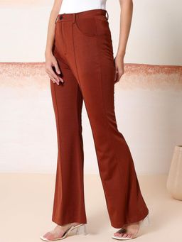 KOTTY - Women's Brown Solid High Waist Trouser