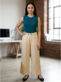 KOTTY - Women's Beige Solid High Waist Trouser
