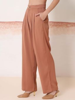 KOTTY - Women's Brown Solid High Waist Trouser