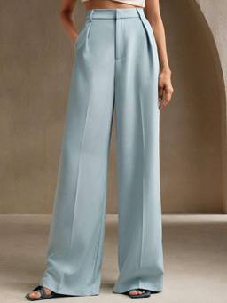 KOTTY - Women's Blue Solid High Waist Trouser