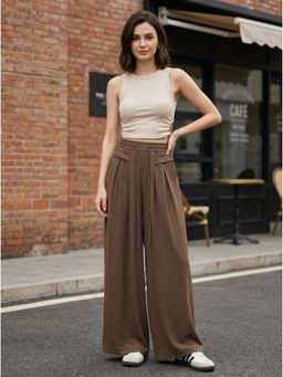 KOTTY - Women's Brown Solid High Waist Trouser