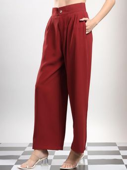 KOTTY - Women's Red Solid High Waist Trouser