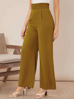 KOTTY - Women's Green Solid High Waist Trouser