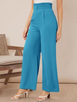 KOTTY - Women's Blue Solid High Waist Trouser