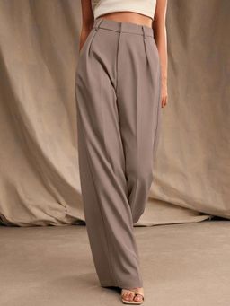 KOTTY - Women's Taupe Solid High Waist Trouser