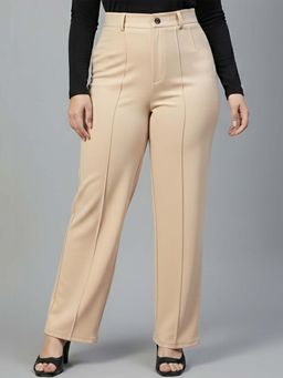 KOTTY - Women's Beige Solid High Waist Trouser