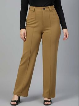 KOTTY - Women's Brown Solid High Waist Trouser