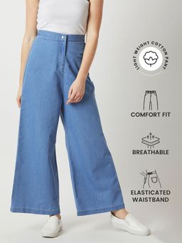 Miss Chase - Women's Blue Flared Wide-Leg High Rise Clean Look Light Weight Denim Pants