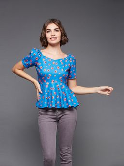 Miss Chase - Womens Multicolored-base-blue Slim Fit Regular Premium Polyknit Top