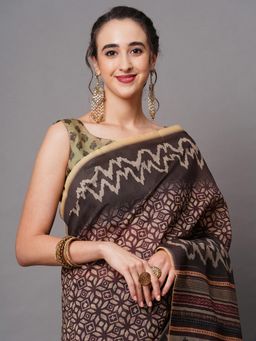 Akhilam - Brown Festive Bhagalpuri Silk Printed Saree with Unstitched