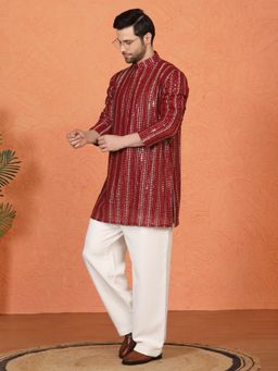 Aham-Vayam - Mihir Embroidered Red Kurta with Pant