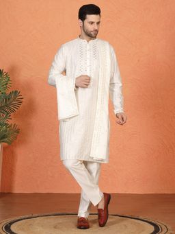 Aham-Vayam - Raas Mirror Embroidered White Kurta with Pant and Dupatta