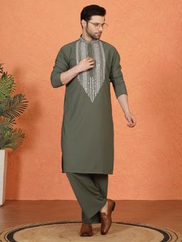 Aham-Vayam - Nawaaz Embroidered Olive Kurta with Pant