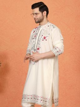 Aham-Vayam - Multi Coloured Flora Embroidered Off White Kurta with Pant