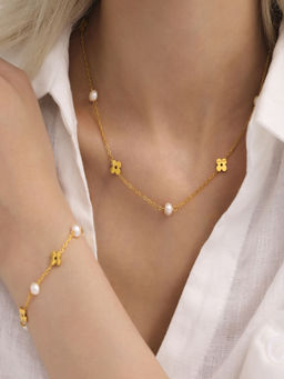 AQUASTREET - Set of 2,18KPlated Waterproof Antitarnish Clover Pearl Charm Necklace & Bracelet