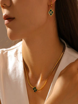 AQUASTREET - 18K Plated Anti-Tarnish Emerald Green Zircon Clover Necklace & Earrings Set