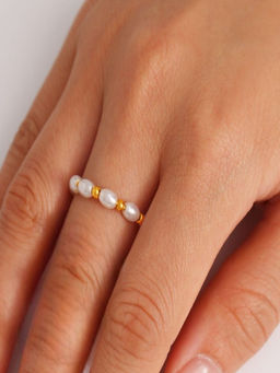 AQUASTREET - Pearl Bead Stacking Ring for Women Anti-Tarnish Waterproof 18K Gold Plated