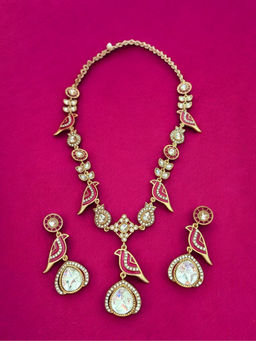 Rebekah - Pink Enamel Bird Motif Mirror Drop Charms Jewellery Set