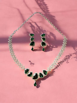 Rebekah - Rhodium Plated Green Cubic Zircon Stone Studded Jewellery Set