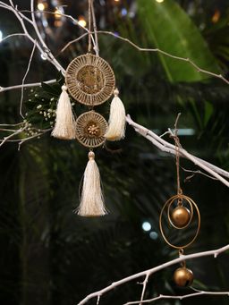 Revive Home - Set Of Two Christmas Ornaments - Bells In Metal Ring, Ring Ornament With Tassels -L