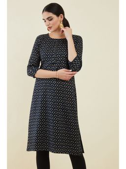 Soch - Navy Blue Rayon Kurta with Block Printed Patterns